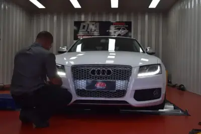 Audi SQ5 3L ECU remap — Audi A5 coupe being tied down for a dyno run