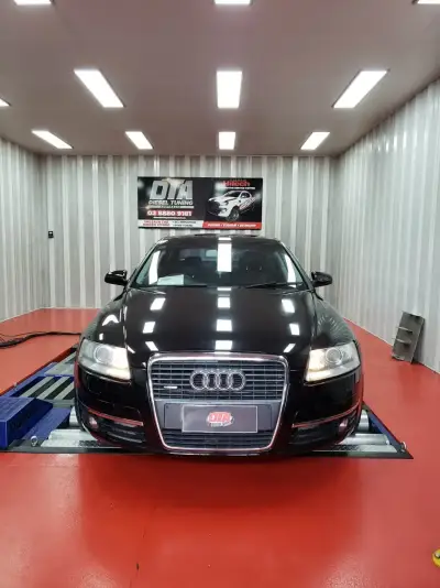 Audi A6 C6 black, headlights on, on our dyno