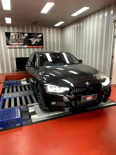 BMW 3 Series F30 M Sport black on the DTA Mainline dyno — ECU remap Sydney