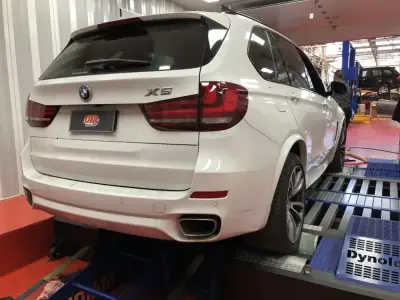 BMW 1 Series 2L ECU remap — BMW X5 F15 white — rear view on the dyno, ECU remap Sydney