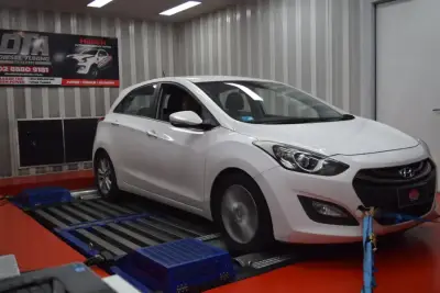 Hyundai i30 GD white on the DTA Mainline dyno — ECU remap Sydney
