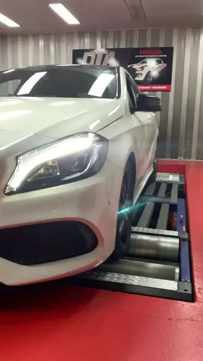 Mercedes-Benz CLA white on the dyno at our Sydney workshop