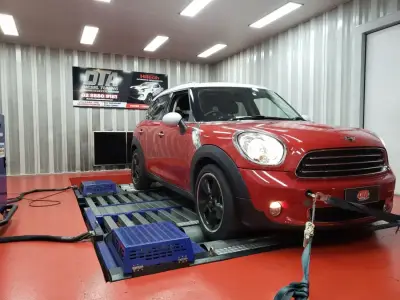 Mini Countryman red on the DTA Mainline dyno — ECU remap Sydney