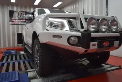 Nissan X-Trail 2L ECU remap — Nissan Navara NP300 with ARB bullbar and spotlights on the dyno