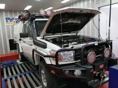 Toyota Land Cruiser 70-series troopy on the dyno at our Sydney workshop