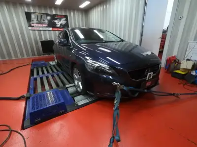 Volvo V40 dark navy on the DTA Mainline dyno — ECU remap Sydney