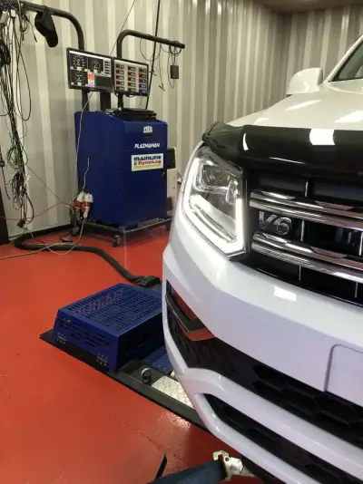 Volkswagen Amarok white — rear 3/4 on the Mainline dyno, ECU remap