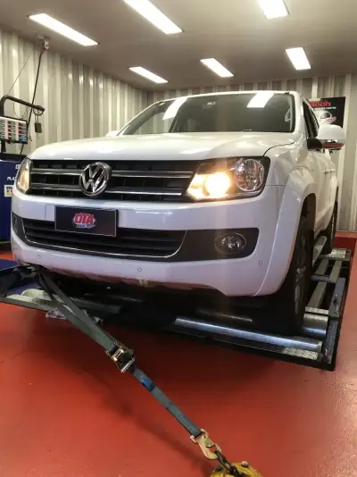 Volkswagen Tiguan Mk2 white — rear 3/4 on the dyno at our Sydney workshop