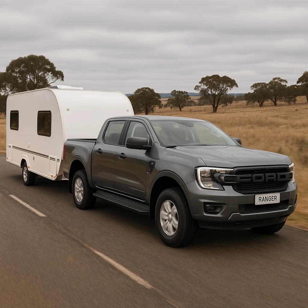 Ford Ranger pickup truck towing a caravan on an Australian road