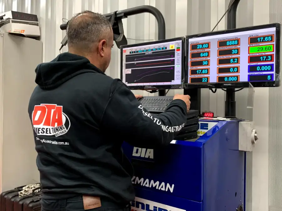 DTA technician calibrating ECU on Mainline dyno — live AFR and boost monitoring
